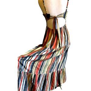 Angie Boho Stripe Tiered Maxi Dress Long Cutout Smocked Fairy Hippie Festival M